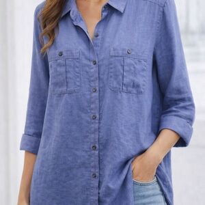 Chico’s No Iron 100% Linen Button Front Shirt Blue Size 3 (XL) Lightweight